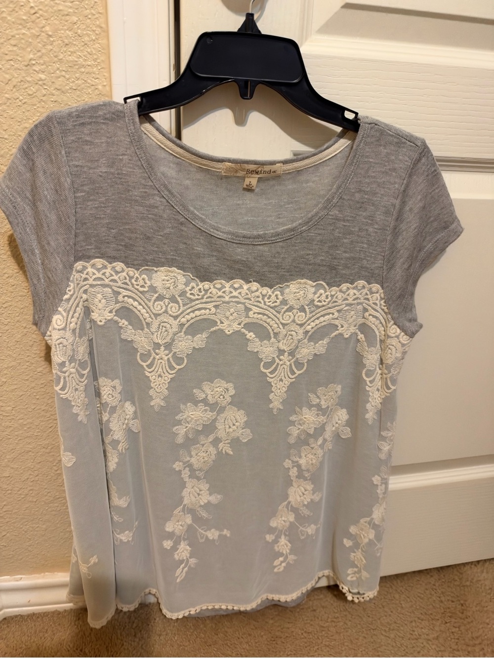 Rewind Gray Tee with Cream Lace Overlay